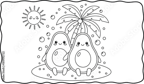 Adorable Kawaii Avocado Couple Coloring Page Outline Vector Illustration, Sitting Together on a Tropical Island Beach under a Palm Tree with a Cute Smiling Sun, Ideal for Summer and Love Themes