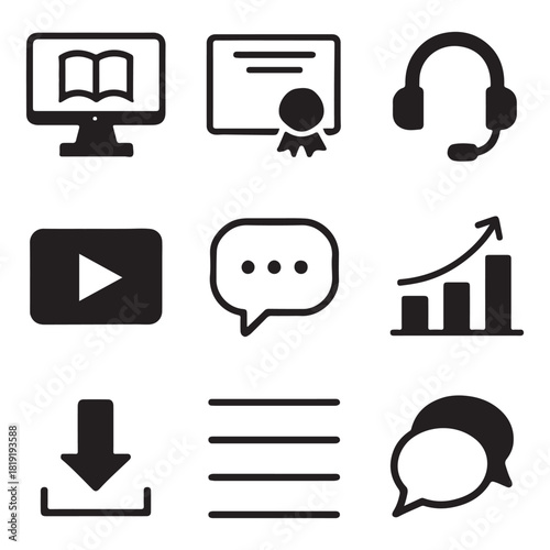 Education icon set. containing computer, certificate, headset, video, chat, graph, download, list, conversation vector