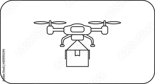 Quad-rotor drone with package delivery via aerial transport in outline vector graphic, symbolizes future logistics and modern shipping.