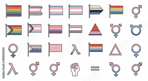 Set of diverse lgbtq pride flags and gender identity symbols promoting equality and inclusion, isolated on