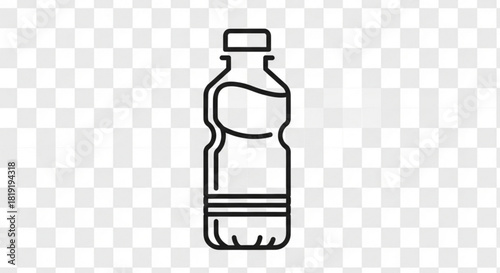 Simple line art icon of a plastic water bottle with a cap and liquid inside, isolated on a transparent background, vector graphic.