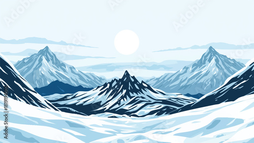 A serene illustration of snow capped mountains and a bright full moon