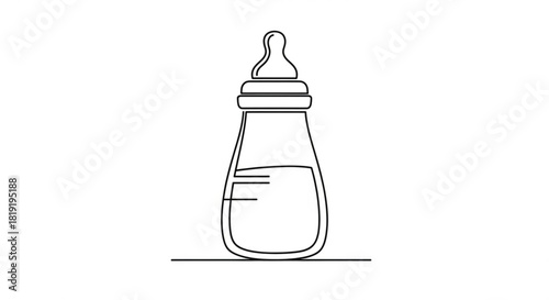 Minimalist continuous line drawing of a baby bottle with measurements, representing feeding and infant care, isolated on white.