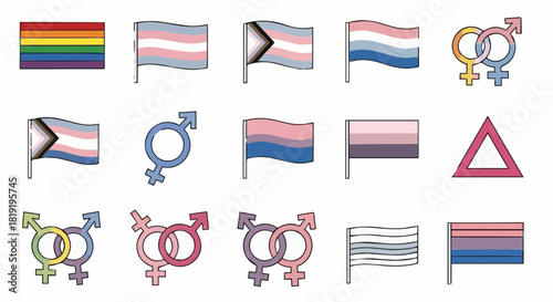 Collection of lgbtqia pride flags representing various gender and sexual identities isolated on