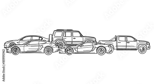Outline illustration of a car carrier trailer with four different vehicles isolated on