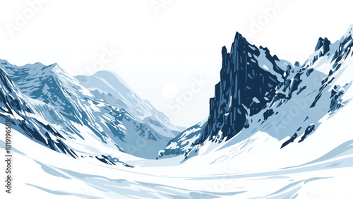 A serene illustration of snow capped mountains and a winter landscape