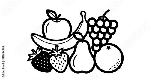 Illustration of a variety of fresh fruits isolated on, including apples, bananas, grapes, and strawberries