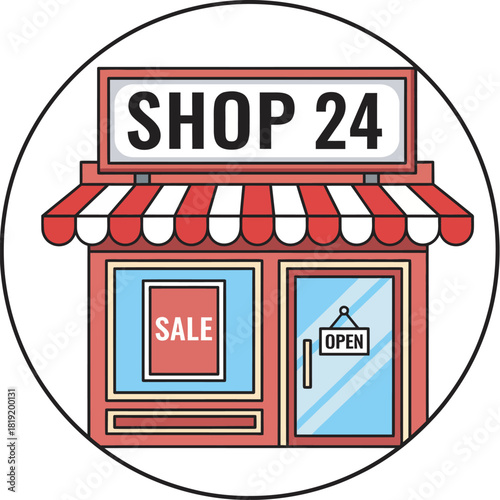 Shop 24 Cartoon Illustration of a Storefront Open for Business Vector Illustration 
