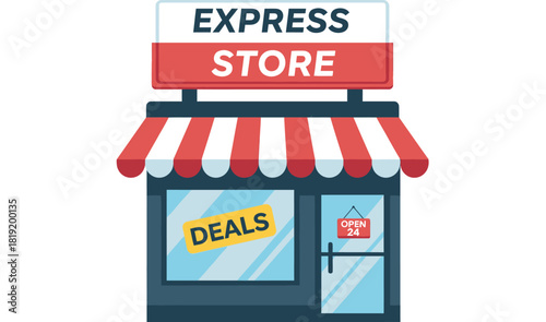 Express Store offering Deals and open 24 hours vector illustration.