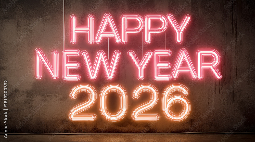 Obraz premium Bright neon sign illuminates happy new year 2026 against a textured wall