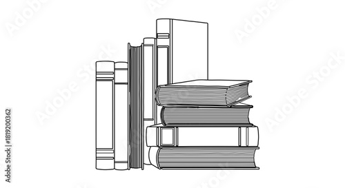 Line drawing of a collection of books, including a stack and a row, isolated on