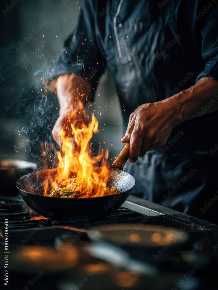 Fototapeta premium chef hands keep wok with fire closeup chef hands cook food with fire chef man burn food at professional kitchen no logos no brands ar 34