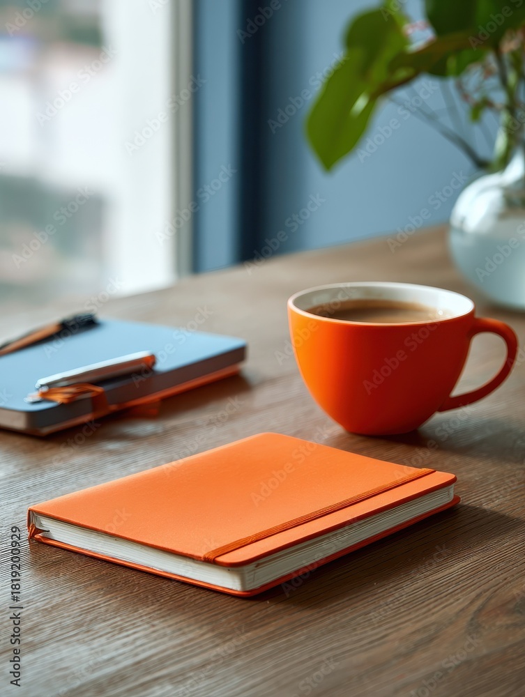 Naklejka premium notebook cup and diary on table in office no logos no brands ar 34
