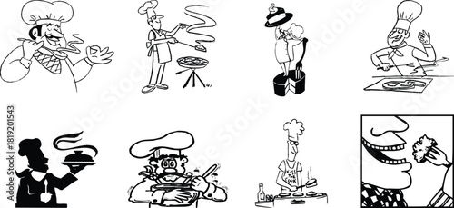 Vector Collection of chef illustrations in black and white outline style