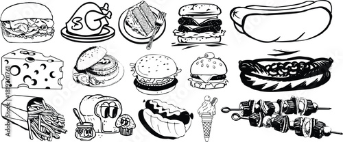 Vector Collection of hand drawn food illustrations in black and white for culinary designs