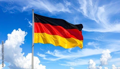 Germany national flag with black, red, gold stripes, flying on pole against blue sky.