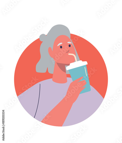 Aged woman drinking water portrait