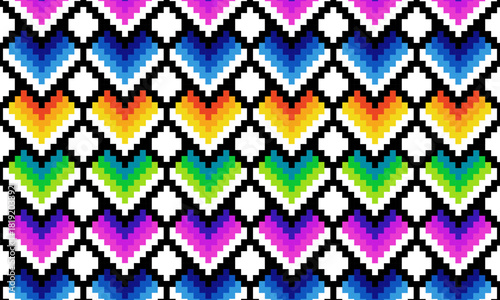 Colorful pixel art heart pattern background. multicolored heart shapes.