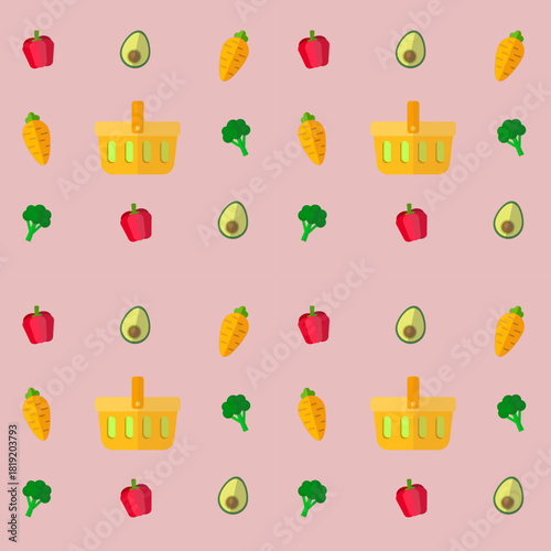 A playful illustration pattern featuring a yellow shopping basket at the center, surrounded by colorful vegetables including carrots, broccoli, red bell peppers, and avocados.