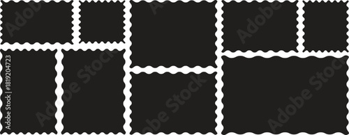 Set of zigzag edge frames rectangle shape frame. Postage stamps set. Post stamp frames and borders. Scalloped scallop edge shape. Zigzag edge sticker set for discount labels, badges, and sale tags. 