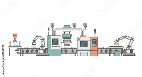 Automated industrial manufacturing production line with robotic arms.