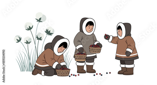 Children in traditional clothing gathering berries in a field.