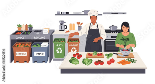 Chef and Assistant Preparing Food with Recycling Bins.