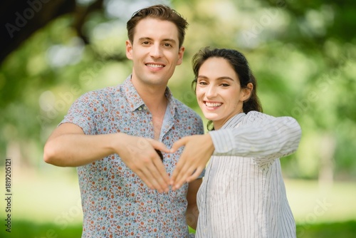 Couple making hand heart gesture in park; customer loyalty, brand care, community support, shared values marketing.