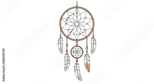 Dreamcatcher with feathers and beads hanging on a string.