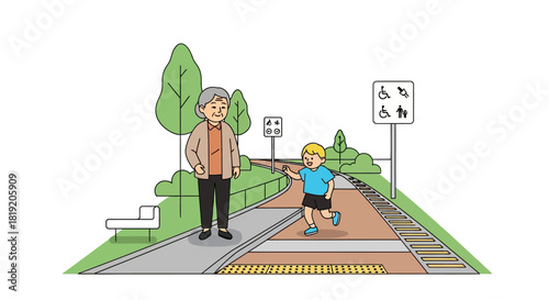 Elderly man and young boy on a pedestrian crossing.