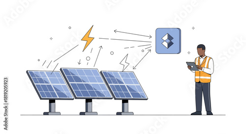Engineer monitoring solar panel energy production with tablet.