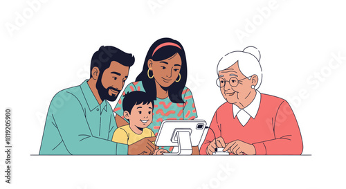 Family members gather around a tablet to share moments together.