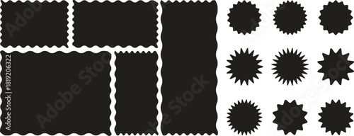 Set of zigzag edge frames rectangle shape frame. Postage stamps set. Post stamp frames and borders. Scalloped scallop edge shape. Zigzag edge sticker set for discount labels, badges, and sale tags. 