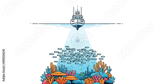 Fishing boat using sonar technology to locate a school of fish above a vibrant coral reef.