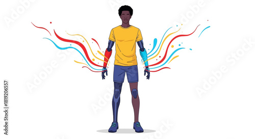Futuristic Man with Bionic Limbs and Colorful Energy Streams.