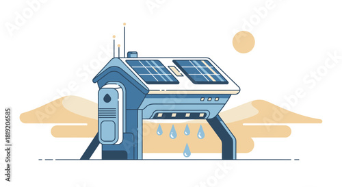 Futuristic Martian habitat with solar panels and water collection system.