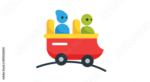 Vibrant rollercoaster carriage with stylized passengers, fun and amusement illustration