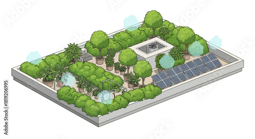 Green rooftop garden with trees and solar panels on building.