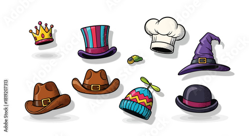 A Cartoonish Ensemble of Hats Representing Diverse Roles and Occasions with whimsical style