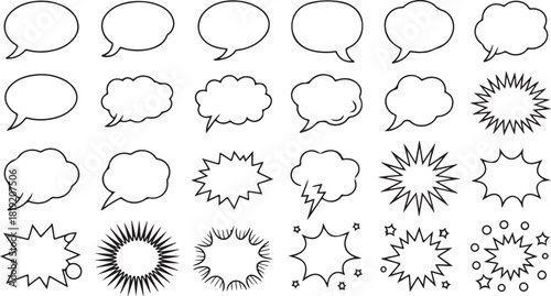 A collection of varied speech bubbles, comic balloons and bursting stars outlines is shown