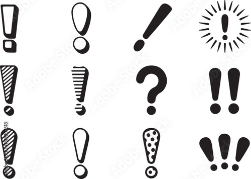 A simple collection of black sketched exclamation marks and a question mark on white
