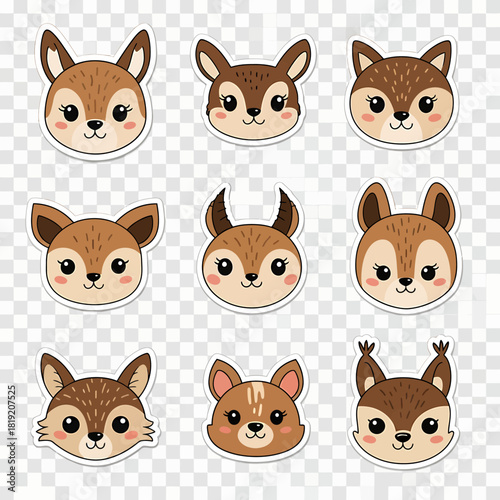 Cute kawaii woodland animal heads sticker collection set.