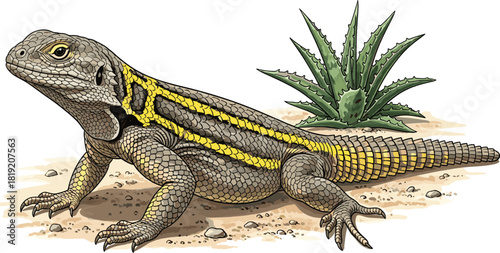 Desert lizard on sand, yellow stripes, brown scales, succulent plant, wildlife illustration, nature habitat, textured skin, reptile, outdoor scene