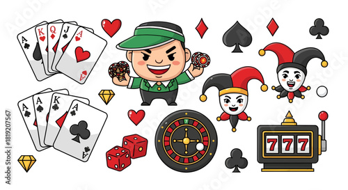 A delightful cartoon illustration of classic casino elements evoking playful gambling excitement