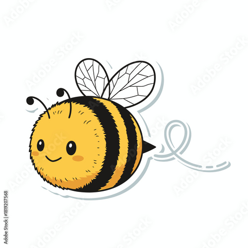 Cute round fluffy cartoon bee character flying with a smile isolated on white background.
