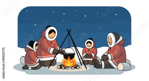 Inuit family gathered around a warm campfire in the snow.