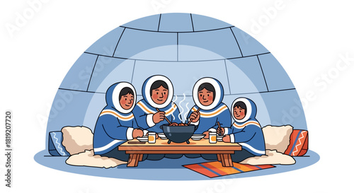 Inuit family enjoying a meal together inside an igloo.