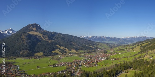 Panorama of the Ostrachtal valley with Bad Oberdorf, Bad Hindelang, and Imberger Horn, 1656m, Oberallgäu, Allgäu, Swabia, Bavaria, Germany
