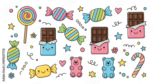Adorable assorted sweets with joyful faces, whimsical candies and gummy bears illustration