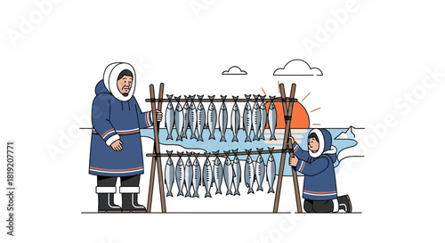 Inuit family in traditional parkas drying fish on a rack.